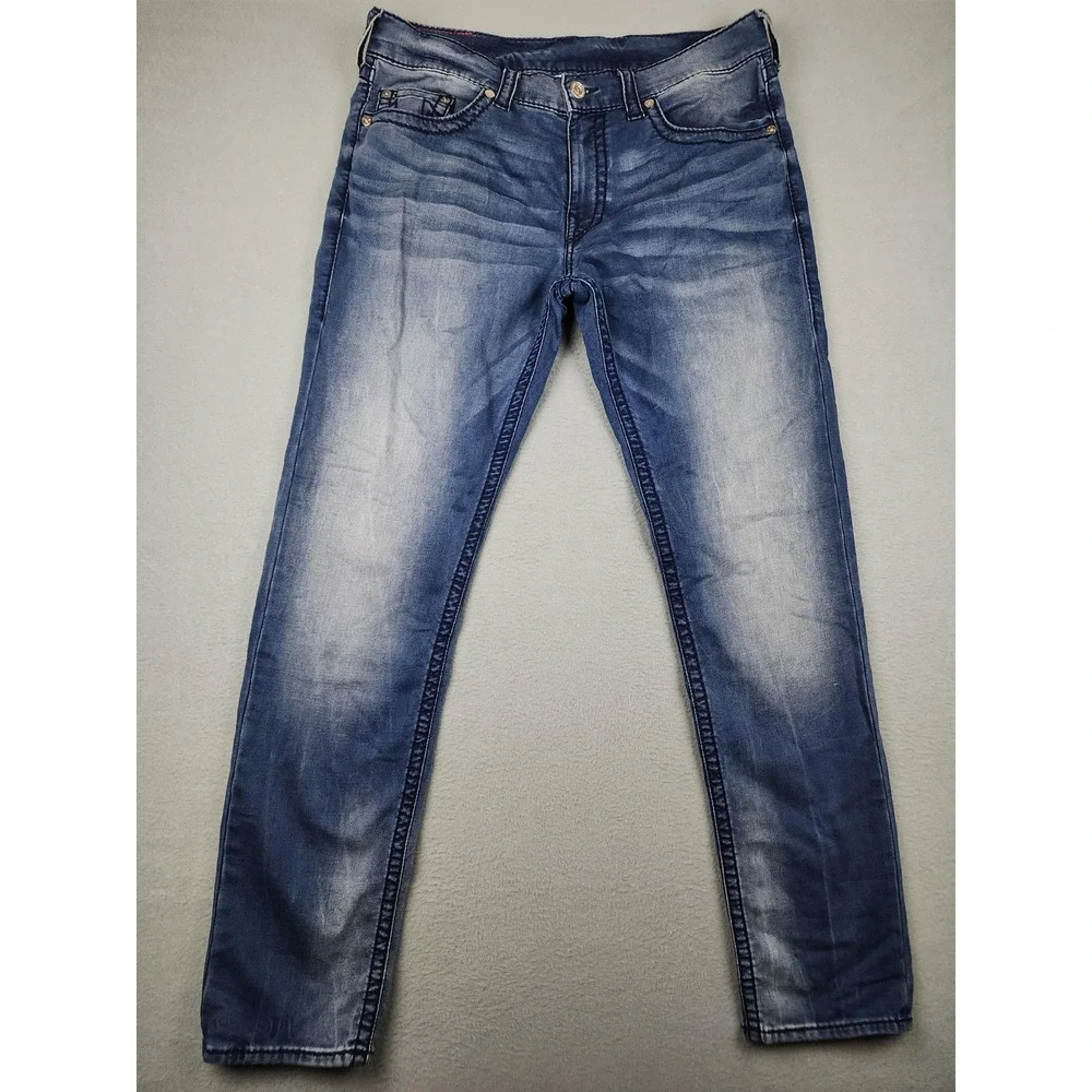 True Religion Geno Relaxed Slim Jeans Mens 36x33 Med Wash Blue Distressed Denim